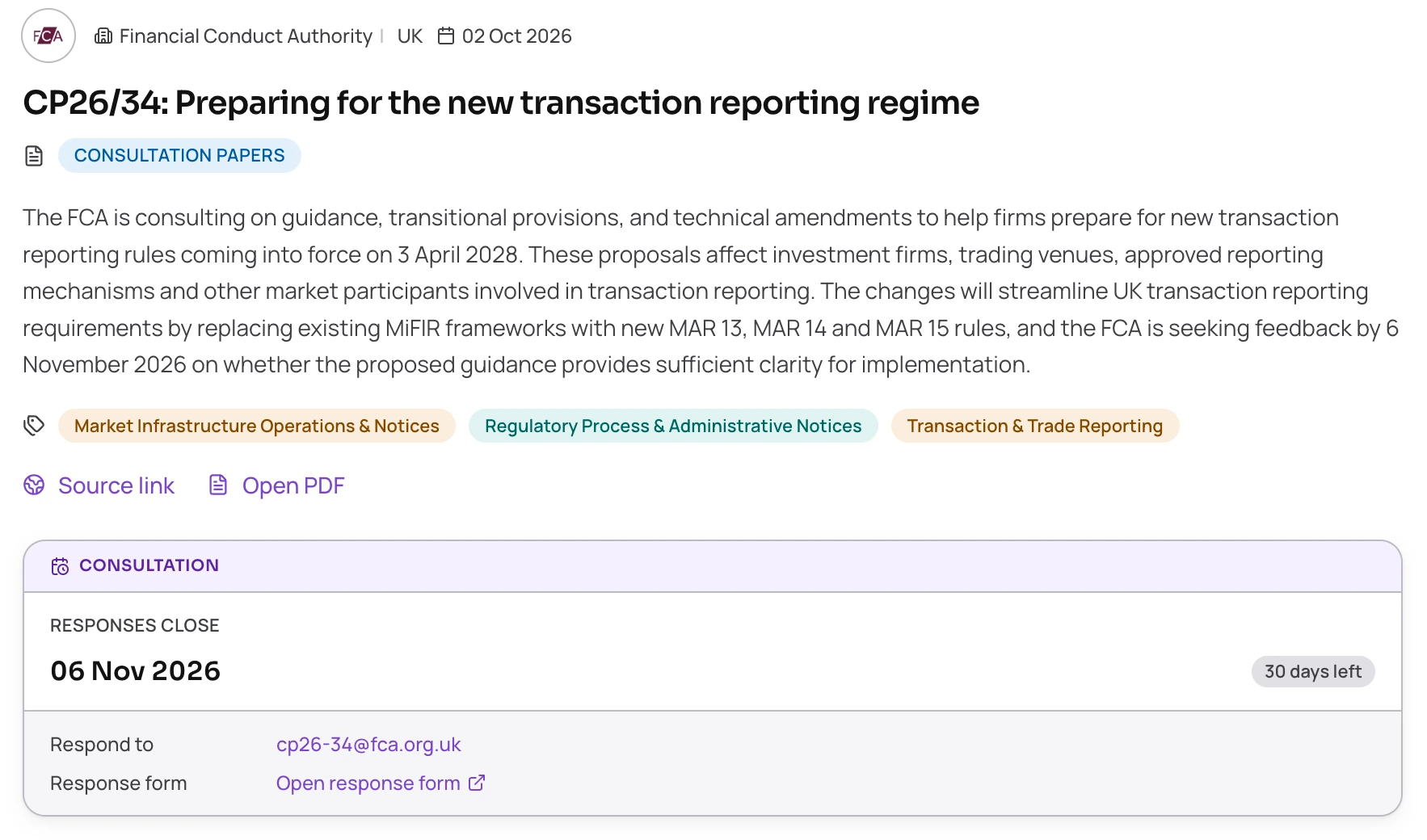 A Financial Conduct Authority consultation paper, CP26/34, as it appears in Revealed: source, title, plain-English summary, topic tags, the response deadline and where to respond