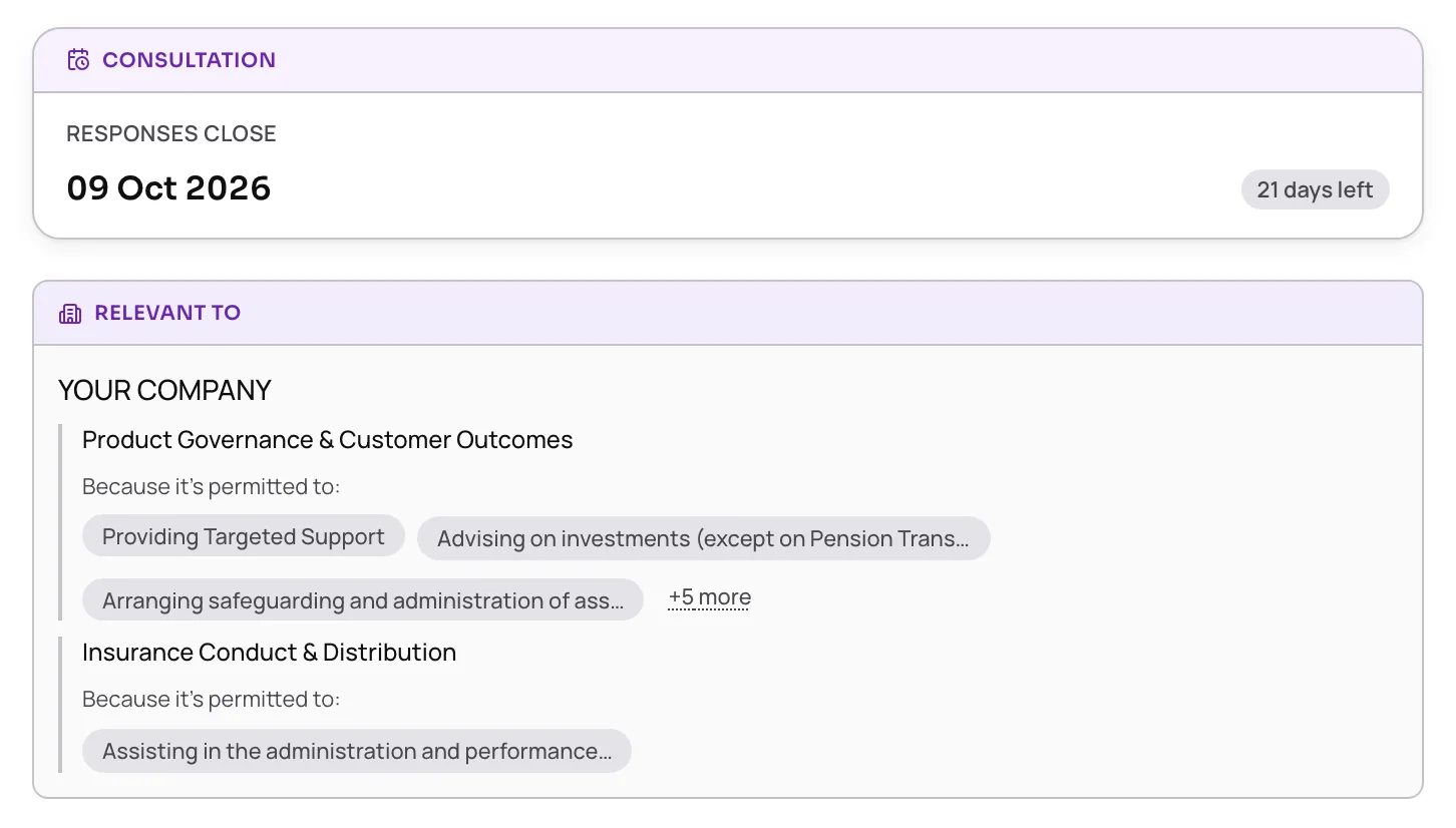 Revealed relevance panel: the consultation closes on 9 October 2026 with 21 days left, and it applies to the company because of specific permissions